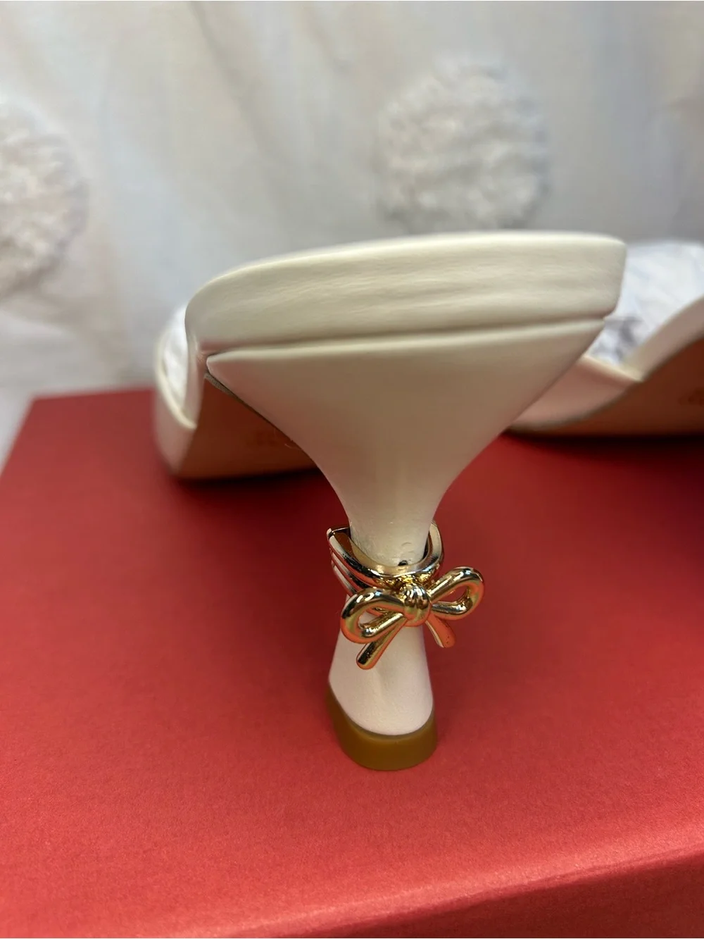 Maeve Metal Bow Open-Toe Mule Heels